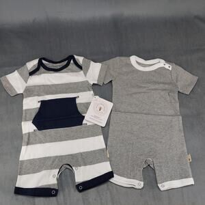 Burt's Bees Baby Boy 2 Pack Organic Cotton Romper Set Gray & Blue Stripes 6-9M